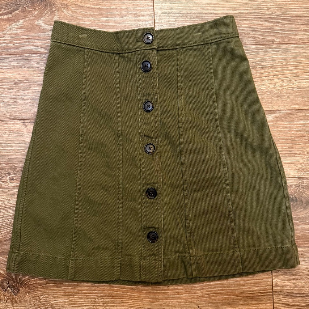 Green Denim Button Front Skirt